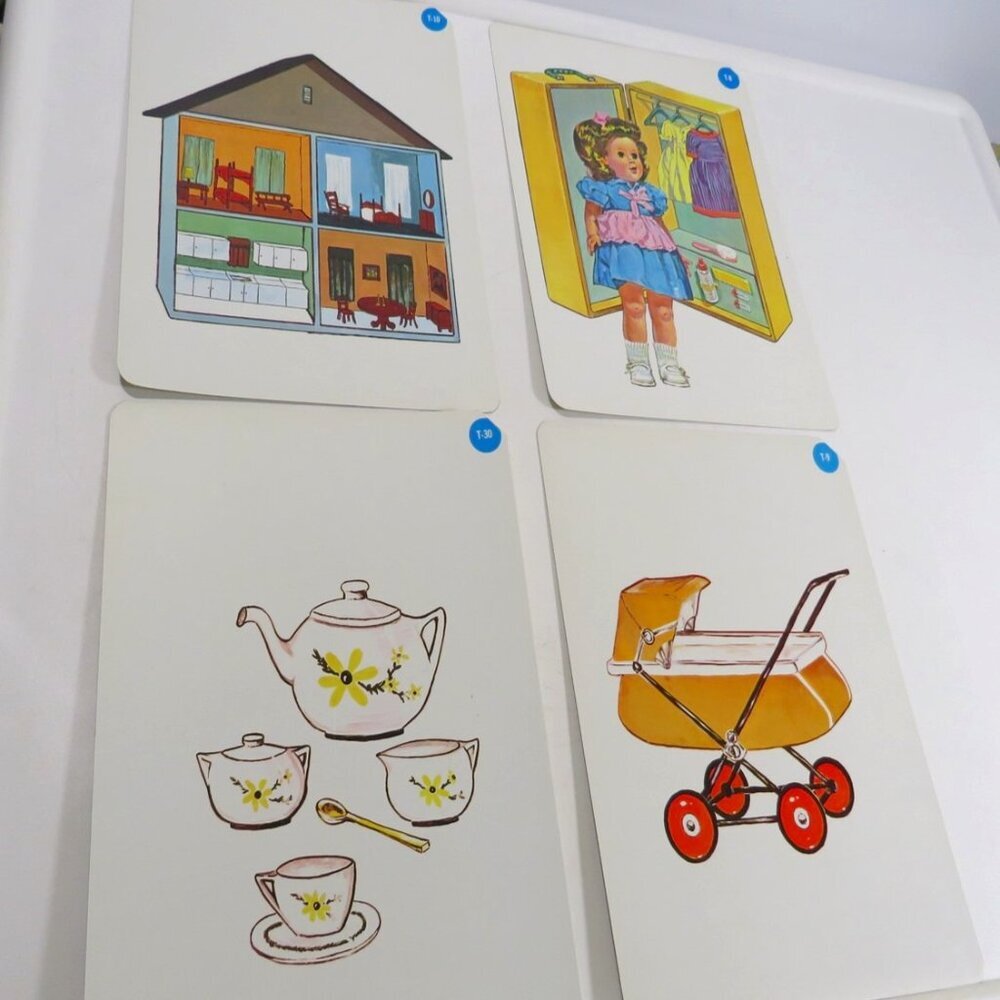 Peabody 60s Doll, Dollhouse, Pram, Children's Tea Set (4) cards Vintage Artwork